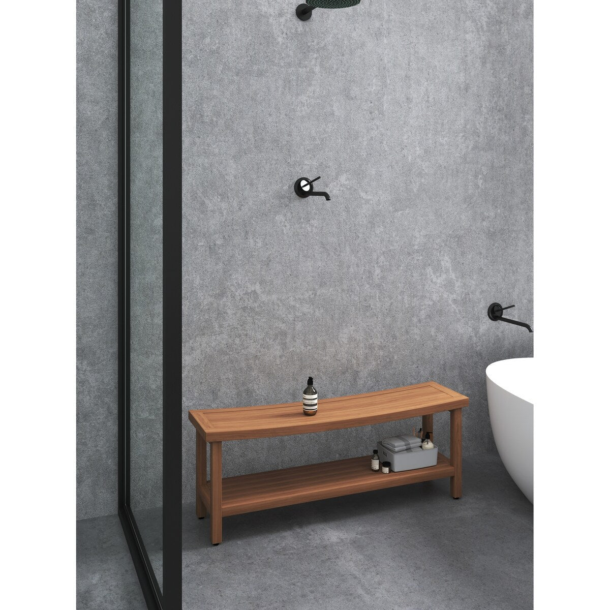 Banc de douche en teck Sumba avec étagère, breveté