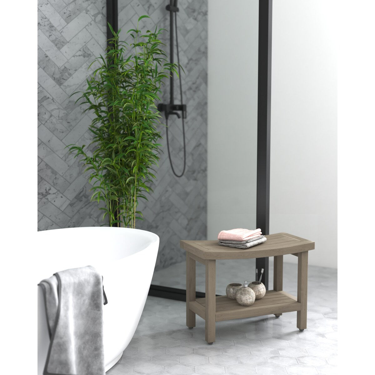 Banc de douche en teck Sumba avec étagère, breveté