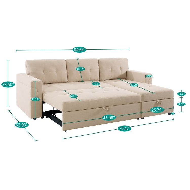 Canapé d'angle réversible avec lit escamotable, chaise longue avec rangement intégré, pieds robustes,