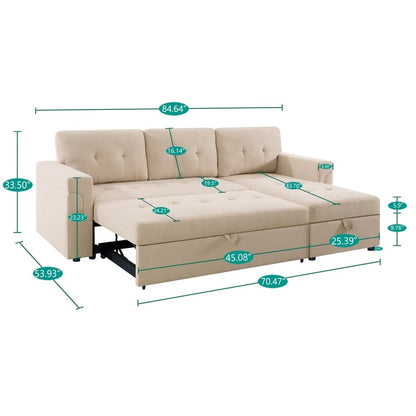 Canapé d'angle réversible avec lit escamotable, chaise longue avec rangement intégré, pieds robustes,
