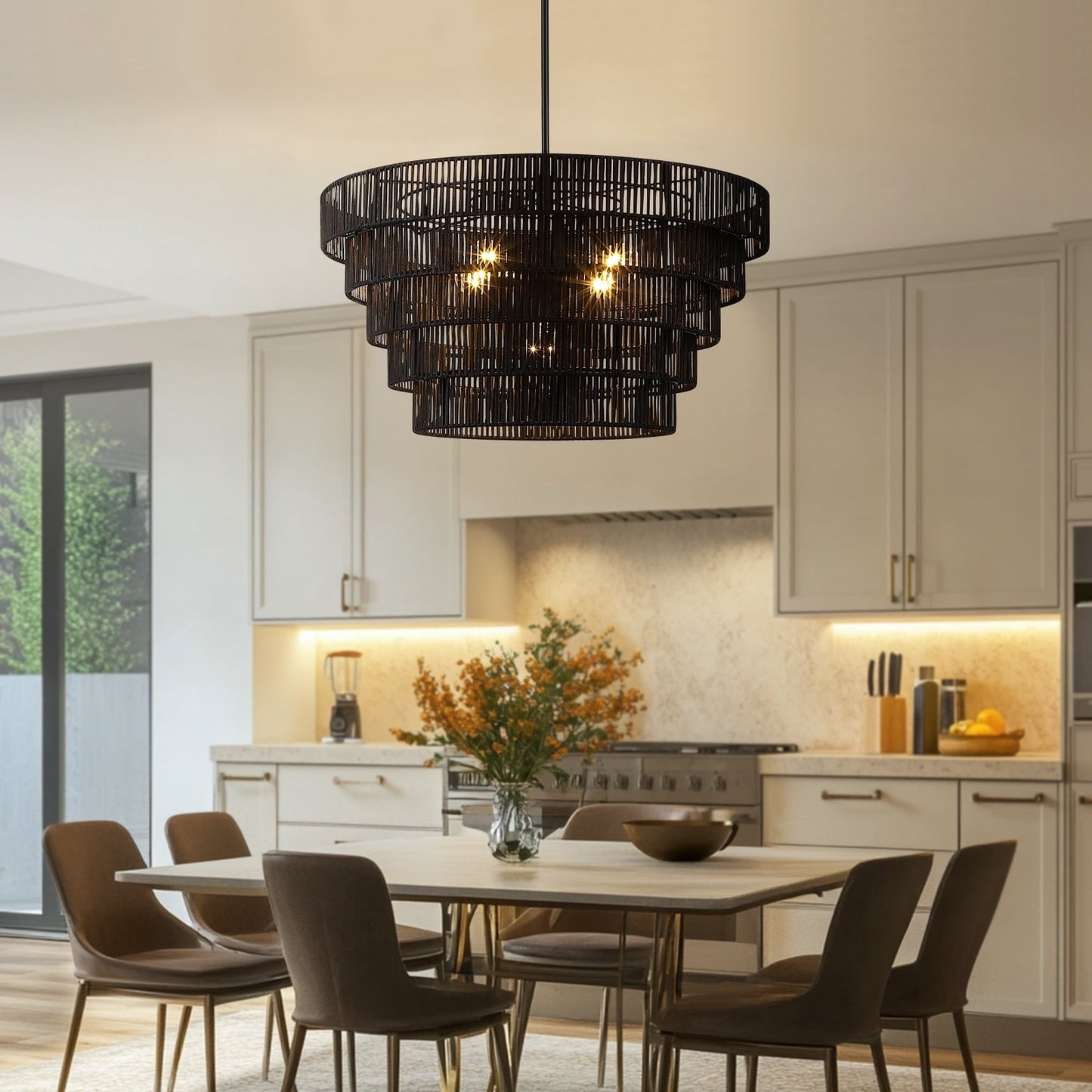 Piersan Lustre moderne bohème à 5 lumières avec abat-jour en rotin à plusieurs niveaux - 66 cm de largeur