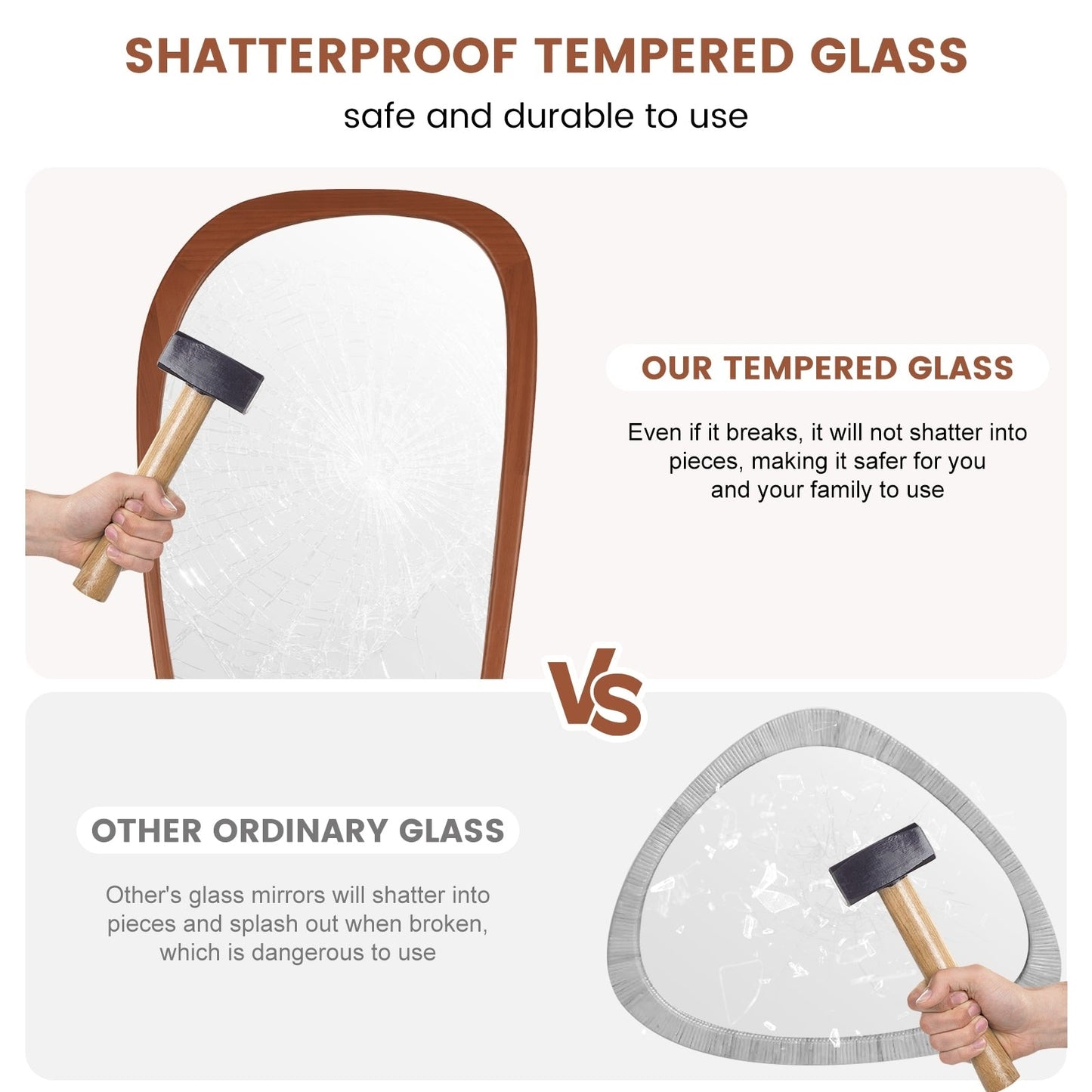 Miroir mural asymétrique en forme de galet avec cadre en pin.