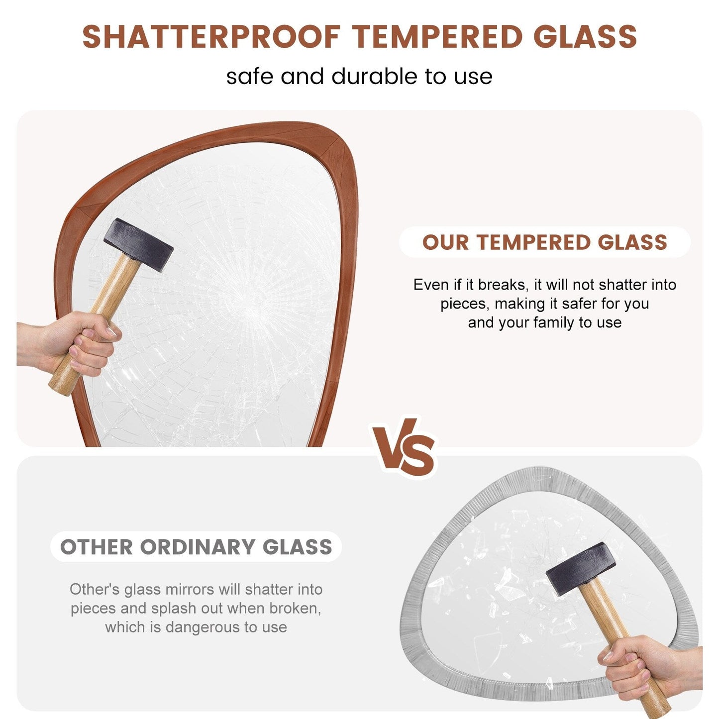 Miroir mural asymétrique en forme de galet avec cadre en pin.