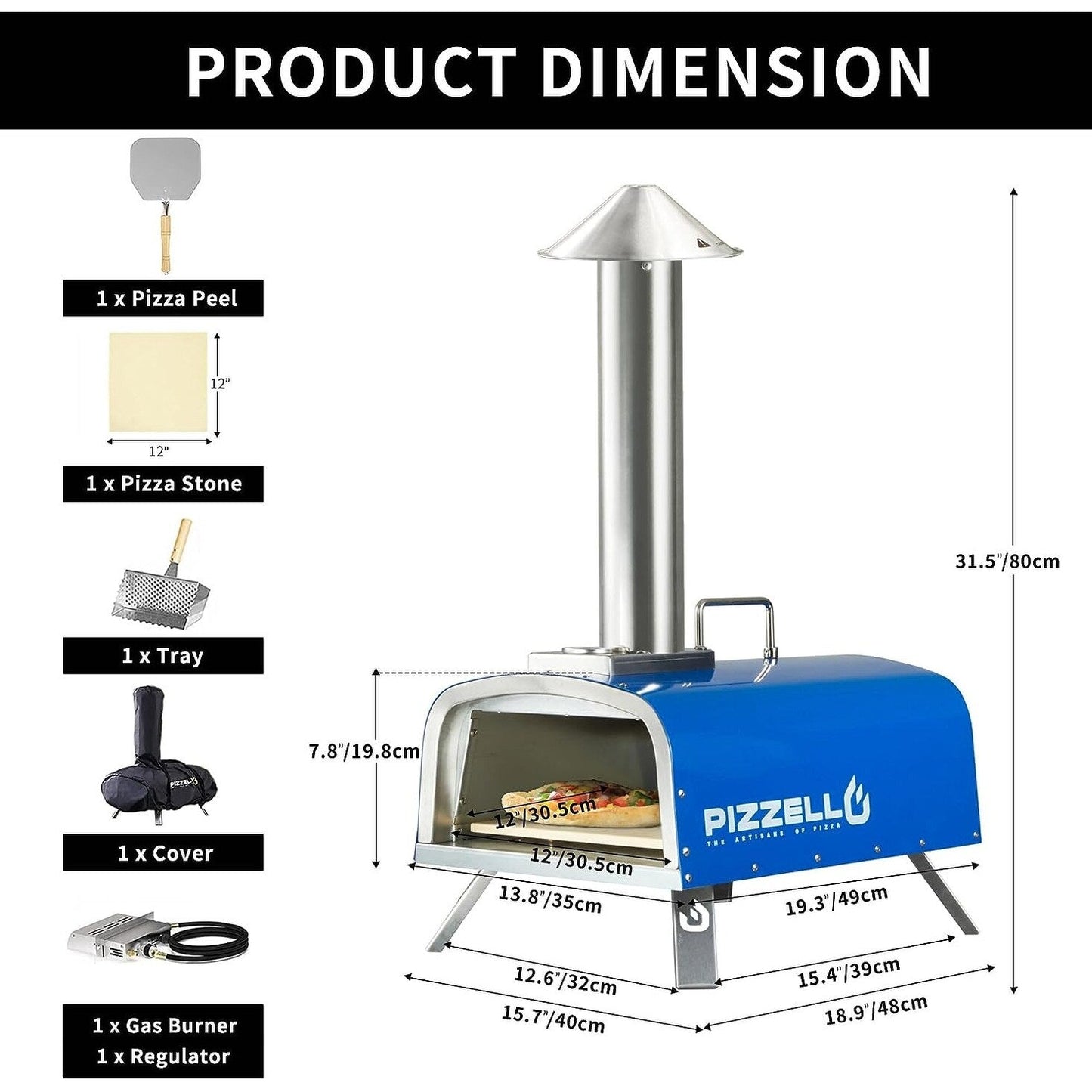 Four à pizza extérieur multi-combustible, cuiseur à pizza sur pierre avec brûleur à gaz et foyer à bois - 30 cm (12 pouces)