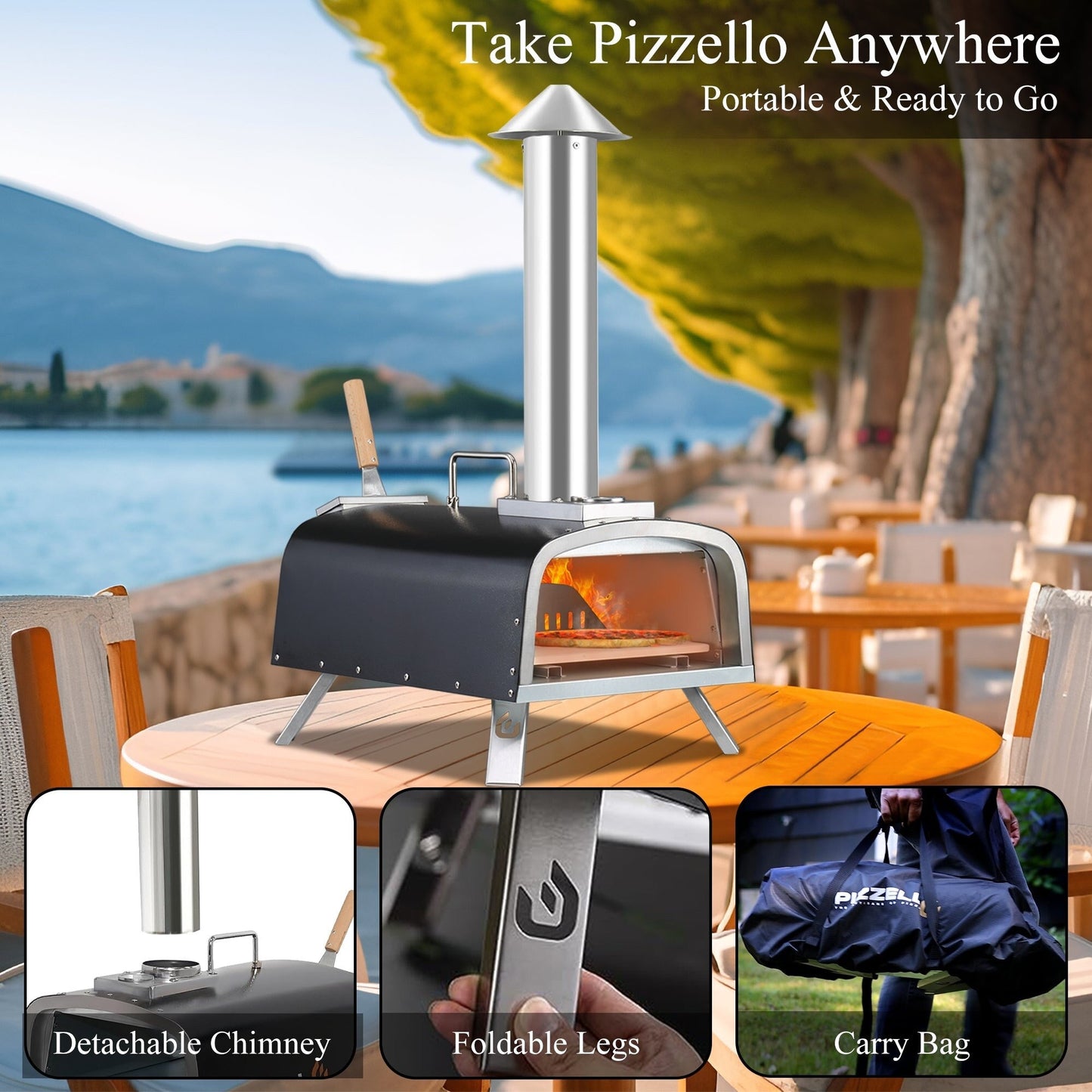 Four à pizza extérieur multi-combustible, cuiseur à pizza sur pierre avec brûleur à gaz et foyer à bois - 30 cm (12 pouces)