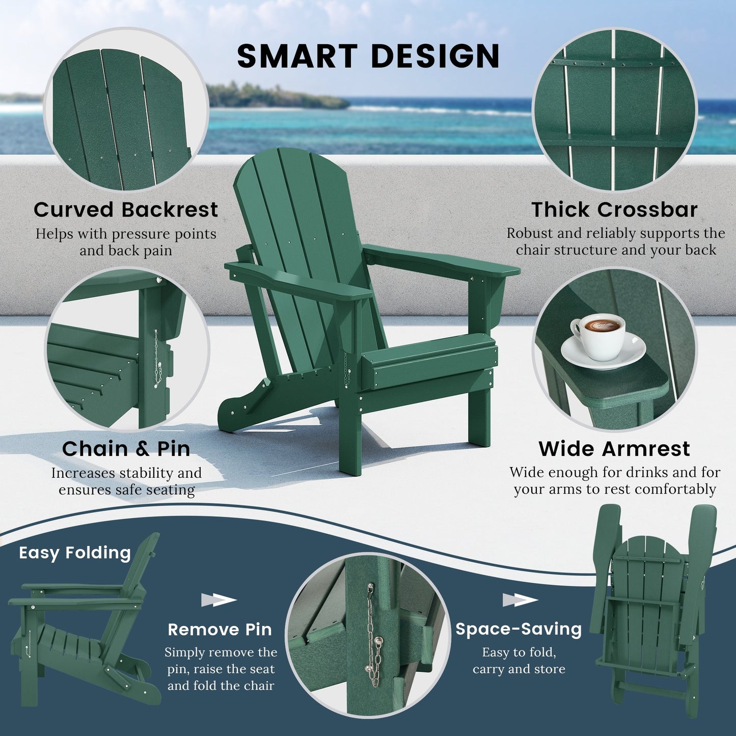 Chaise de jardin Adirondack pliable, résistante à la décoloration et aux intempéries, modèle Laguna de Polytrends