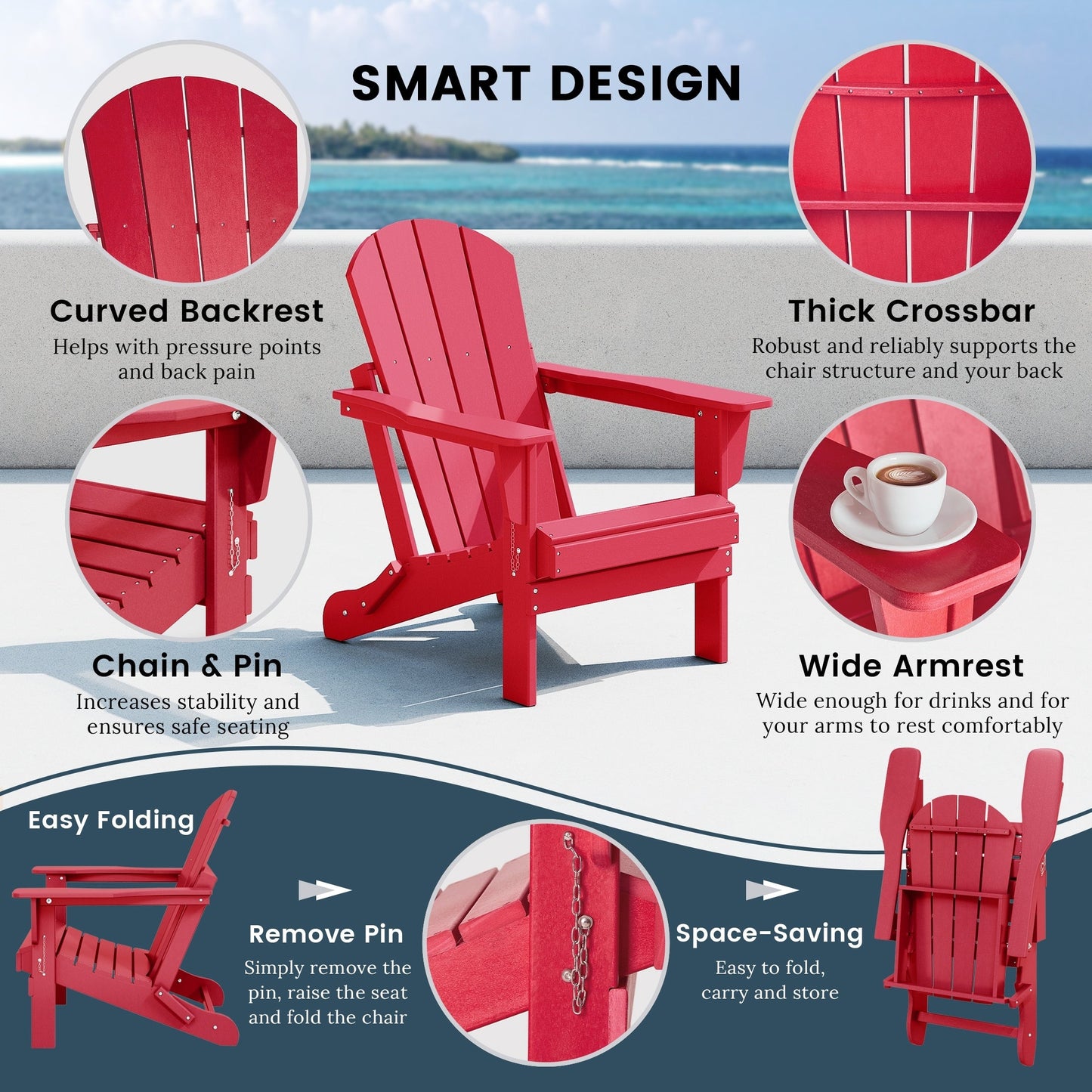 Chaise de jardin Adirondack pliable, résistante à la décoloration et aux intempéries, modèle Laguna de Polytrends