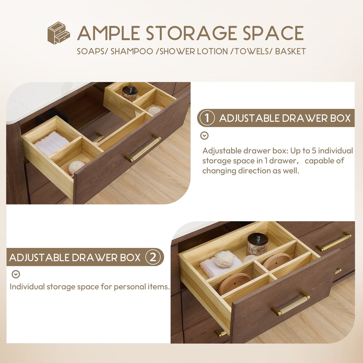 Meuble-lavabo Porto avec plan de toilette en pierre de quartz blanche, sans miroir.