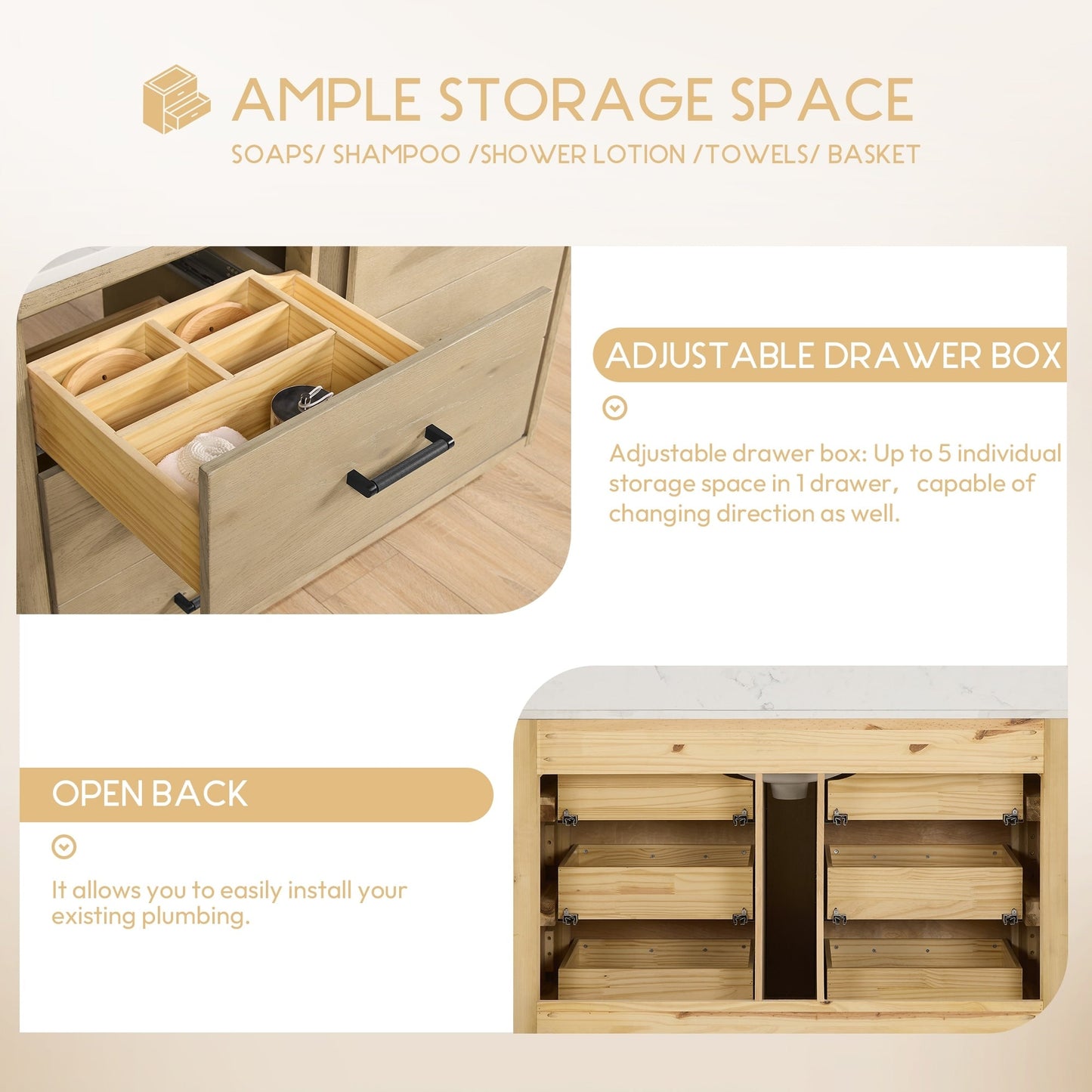 Meuble-lavabo Porto avec plan de toilette en pierre de quartz blanche, sans miroir.