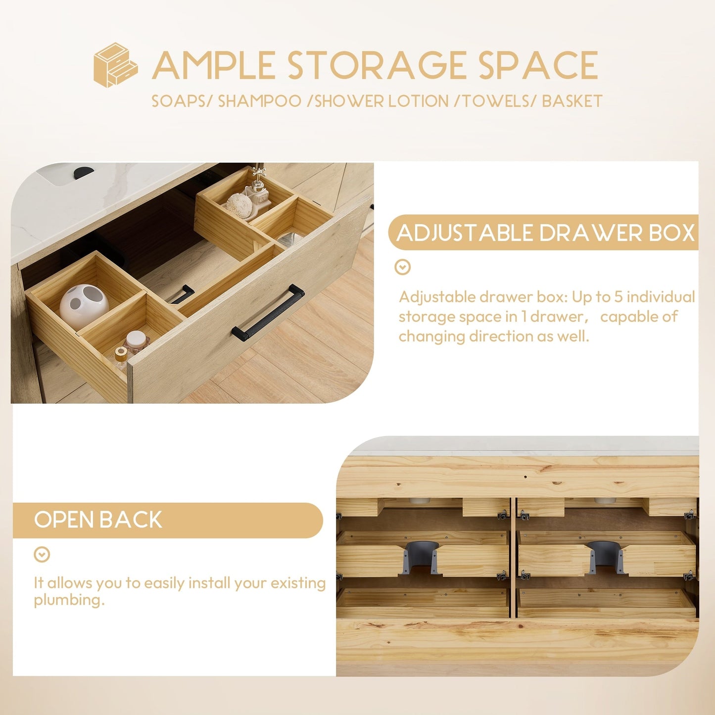 Meuble-lavabo Porto avec plan de toilette en pierre de quartz blanche, sans miroir.