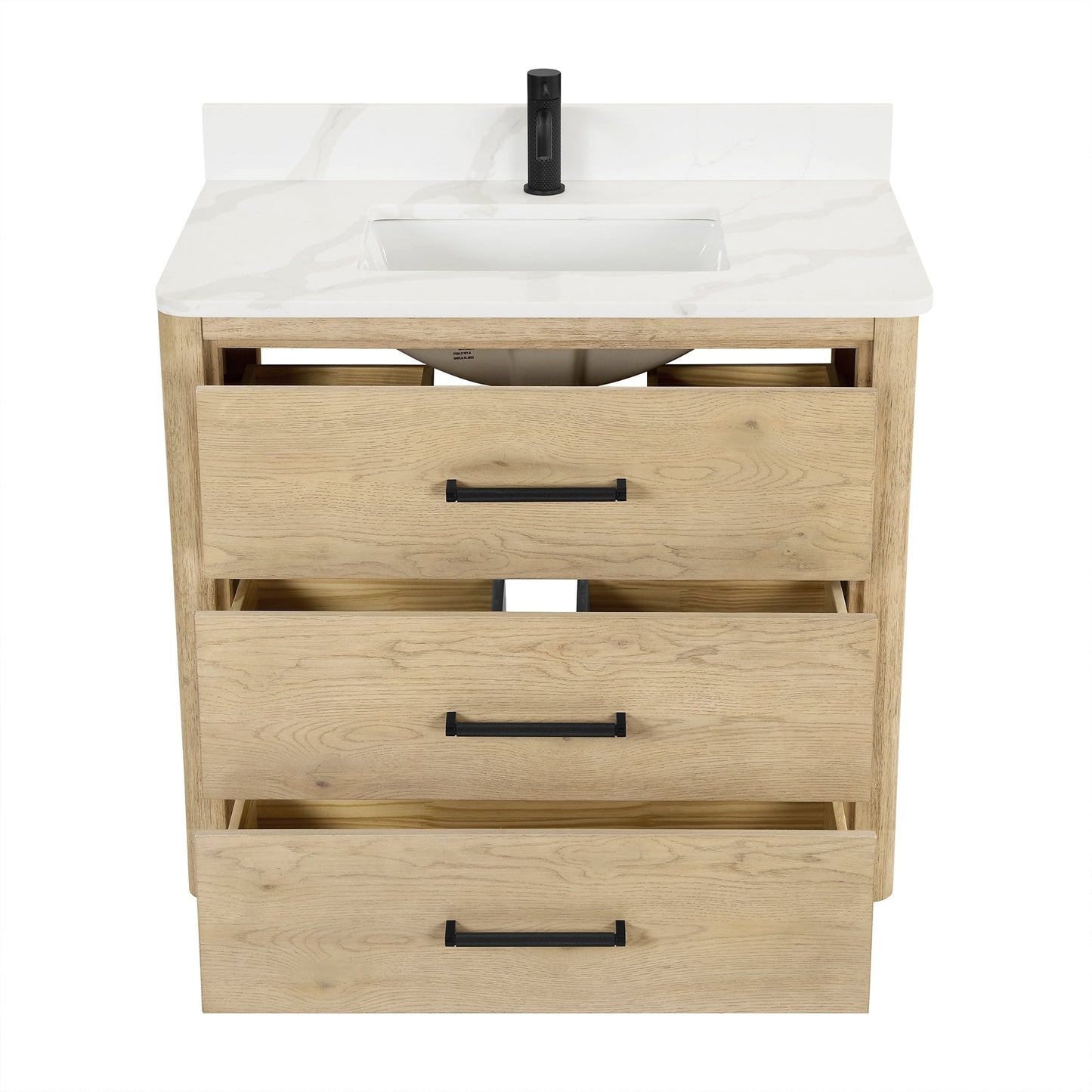 Meuble-lavabo Porto avec plan de toilette en pierre de quartz blanche, sans miroir.