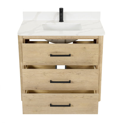 Meuble-lavabo Porto avec plan de toilette en pierre de quartz blanche, sans miroir.