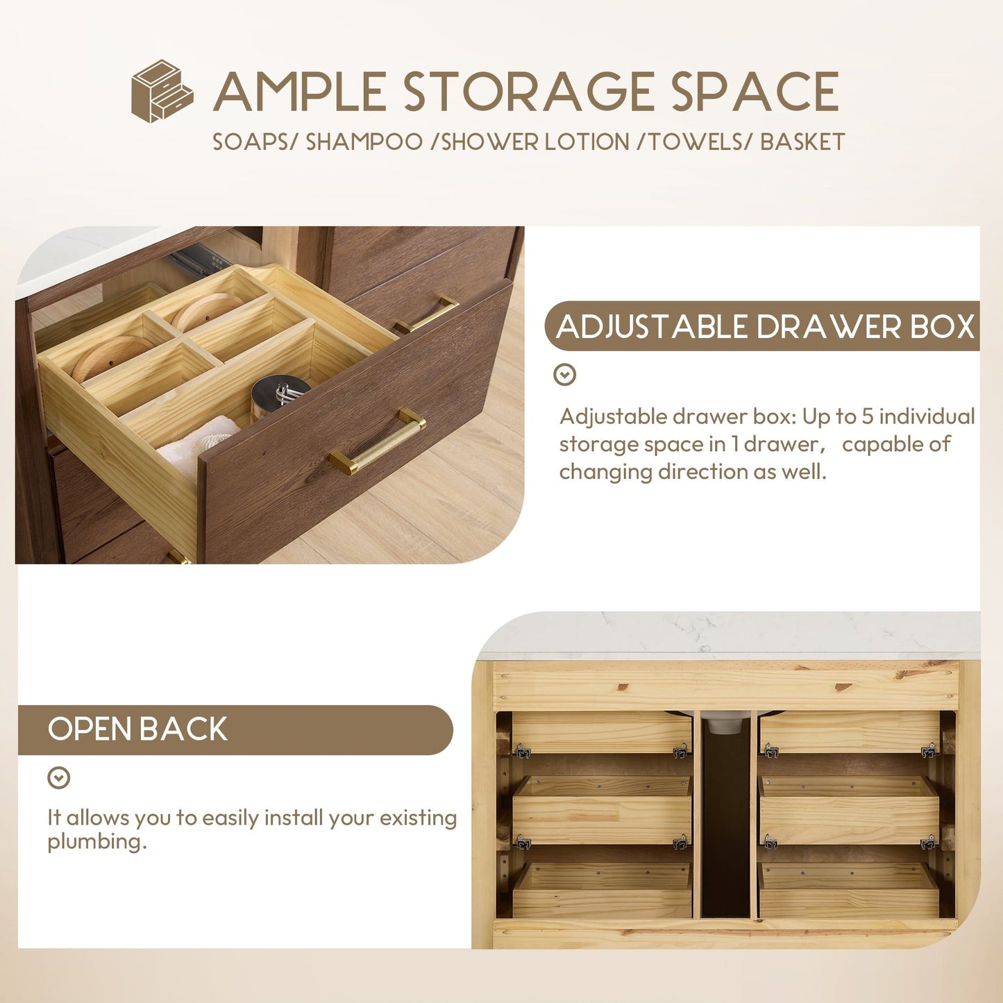 Meuble-lavabo Porto avec plan de toilette en pierre de quartz blanche, sans miroir.