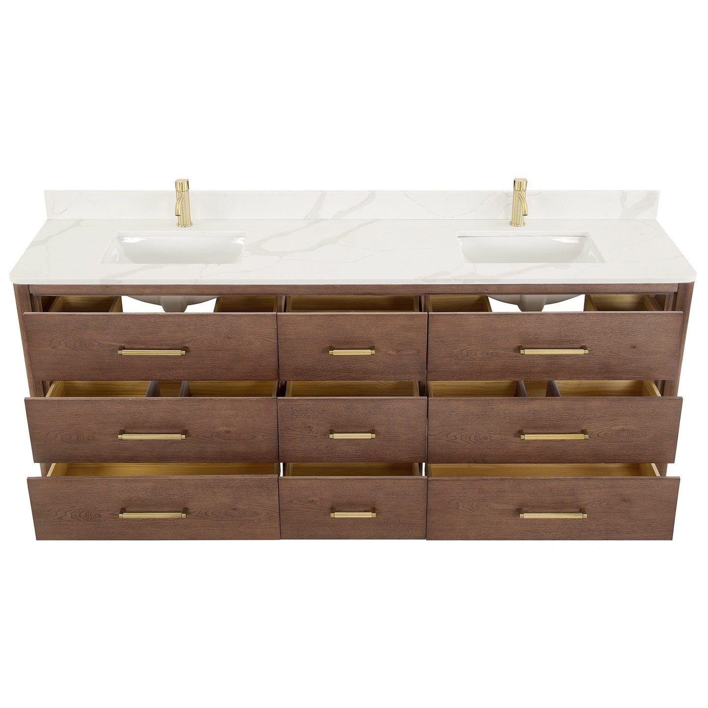 Meuble-lavabo Porto avec plan de toilette en pierre de quartz blanche, sans miroir.