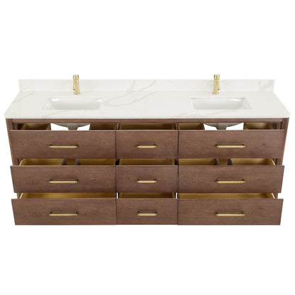 Meuble-lavabo Porto avec plan de toilette en pierre de quartz blanche, sans miroir.