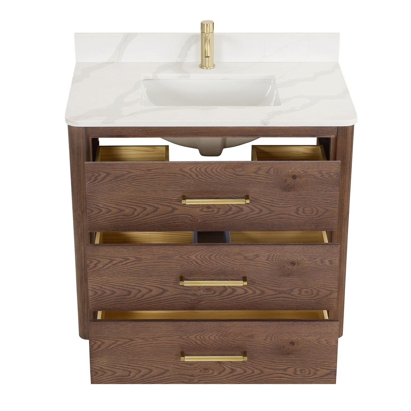 Meuble-lavabo Porto avec plan de toilette en pierre de quartz blanche, sans miroir.