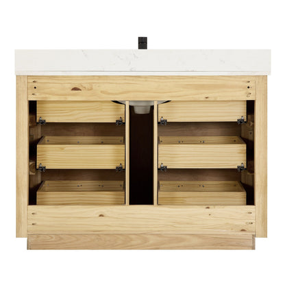 Meuble-lavabo Porto avec plan de toilette en pierre de quartz blanche, sans miroir.