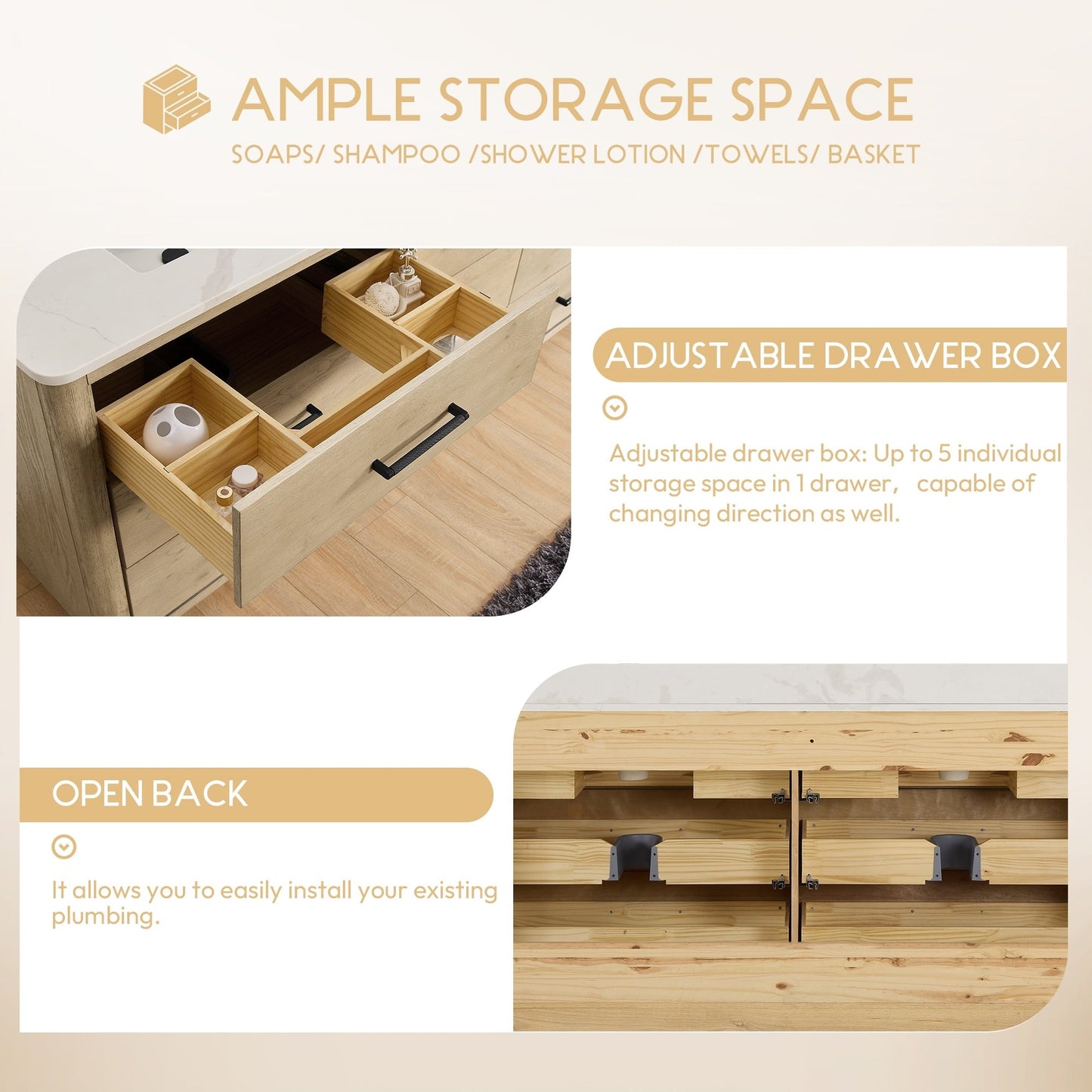 Meuble-lavabo Porto avec plan de toilette en pierre de quartz blanche, sans miroir.