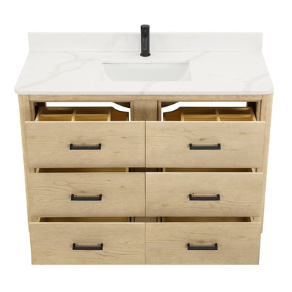 Meuble-lavabo Porto avec plan de toilette en pierre de quartz blanche, sans miroir.