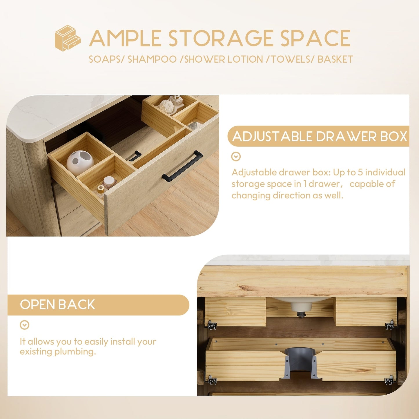 Meuble-lavabo Porto avec plan de toilette en pierre de quartz blanche, sans miroir.