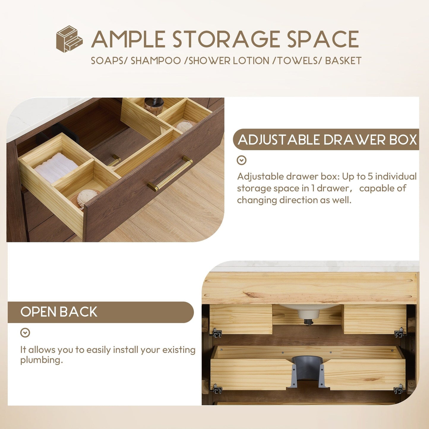 Meuble-lavabo Porto avec plan de toilette en pierre de quartz blanche, sans miroir.