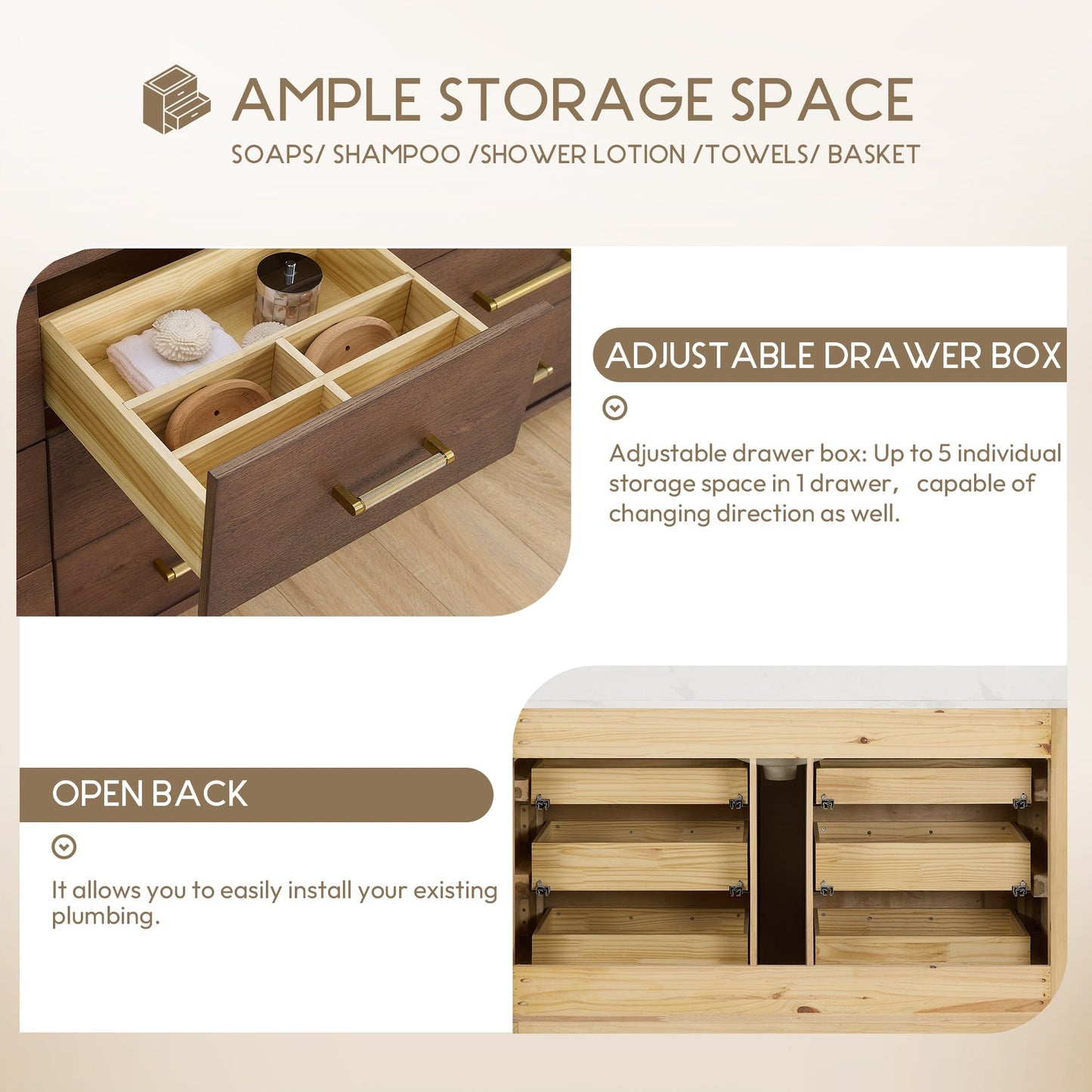 Meuble-lavabo Porto avec plan de toilette en pierre de quartz blanche, sans miroir.