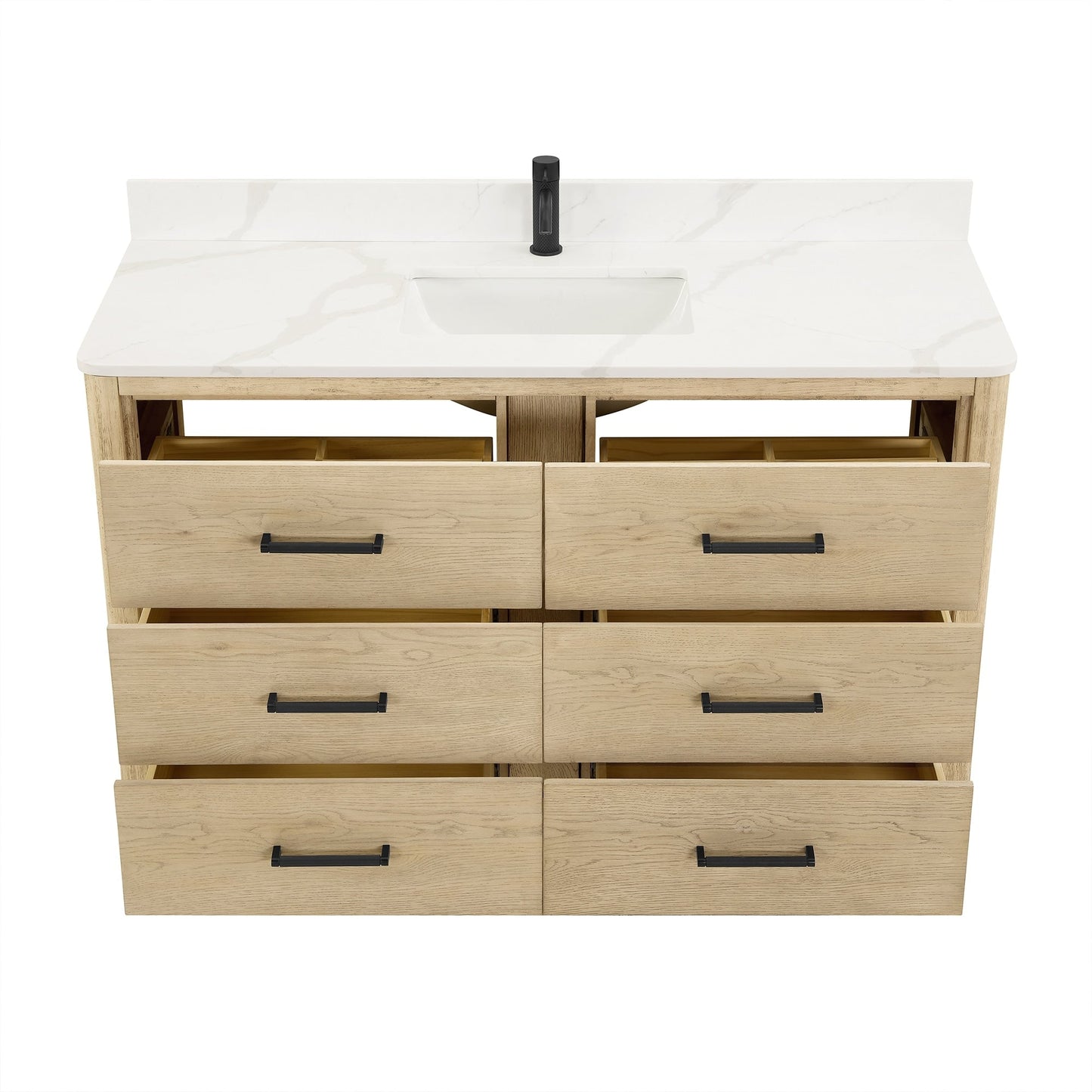 Meuble-lavabo Porto avec plan de toilette en pierre de quartz blanche, sans miroir.