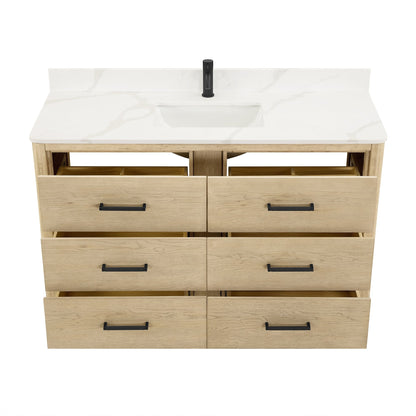 Meuble-lavabo Porto avec plan de toilette en pierre de quartz blanche, sans miroir.