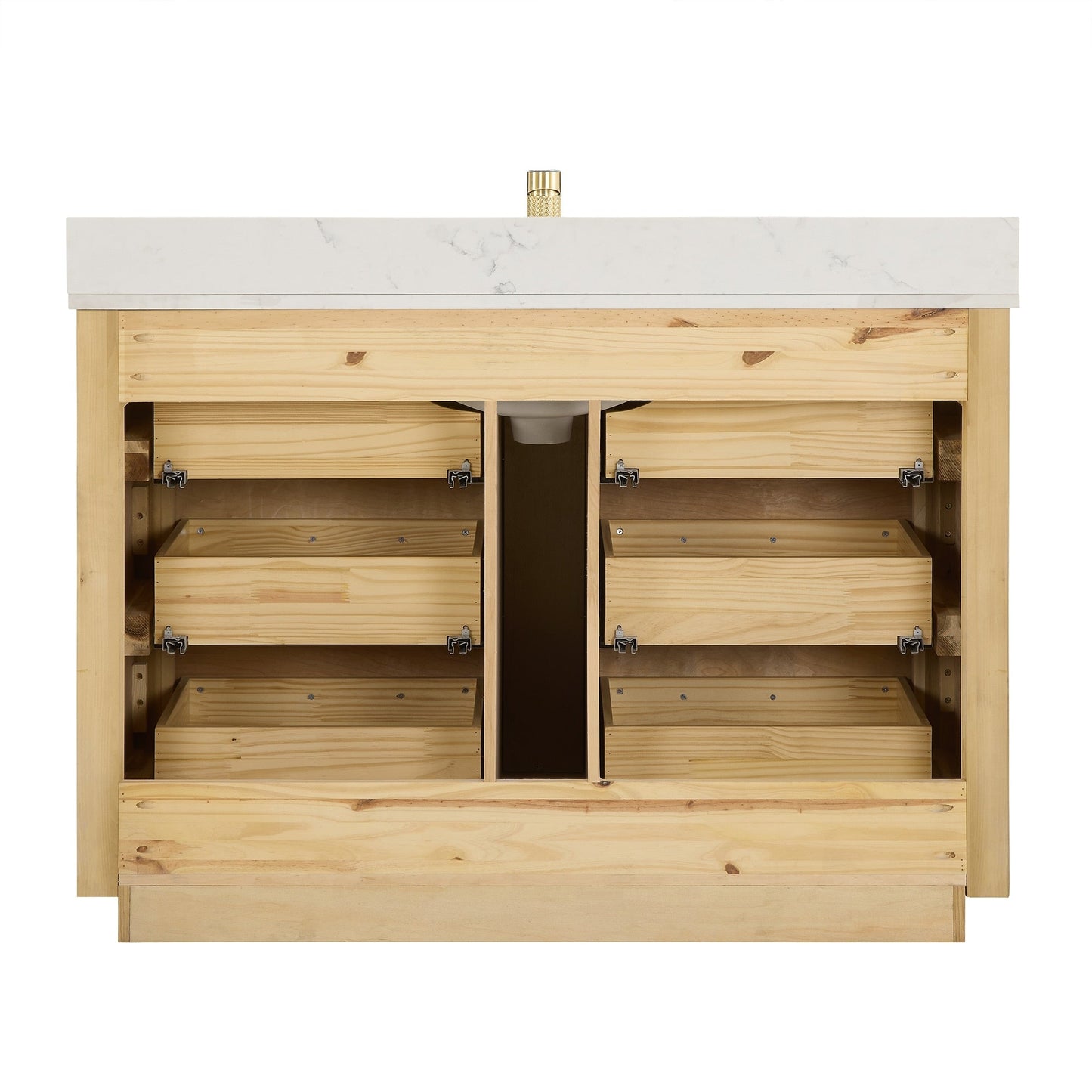 Meuble-lavabo Porto avec plan de toilette en pierre de quartz blanche, sans miroir.