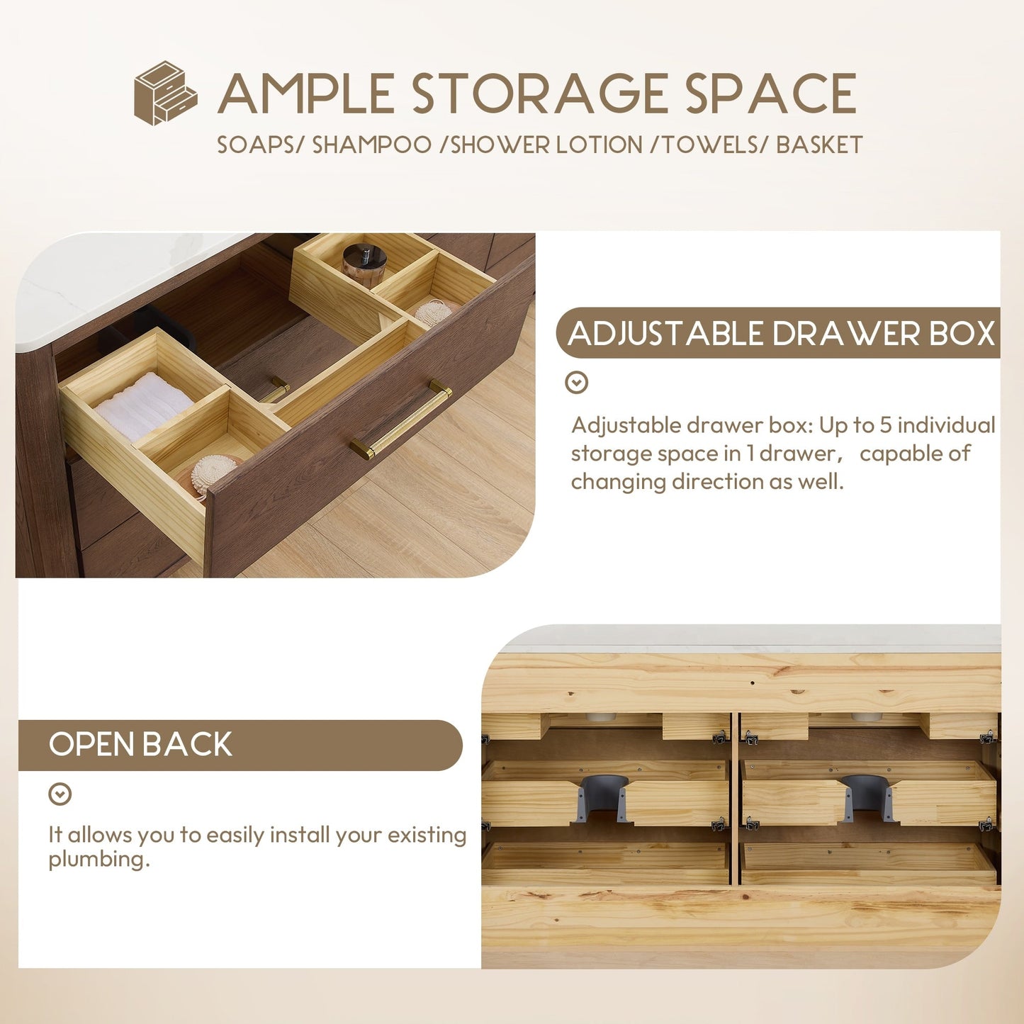 Meuble-lavabo Porto avec plan de toilette en pierre de quartz blanche, sans miroir.