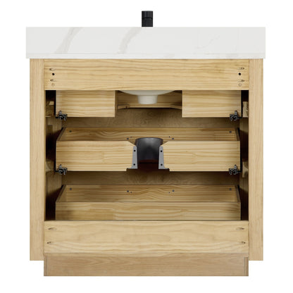 Meuble-lavabo Porto avec plan de toilette en pierre de quartz blanche, sans miroir.