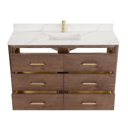 Meuble-lavabo Porto avec plan de toilette en pierre de quartz blanche, sans miroir.