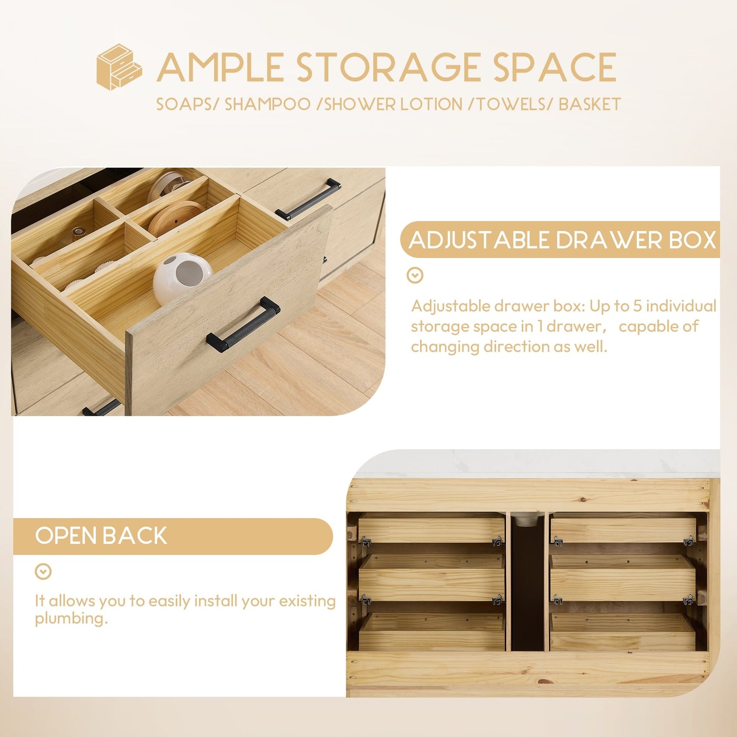 Meuble-lavabo Porto avec plan de toilette en pierre de quartz blanche, sans miroir.