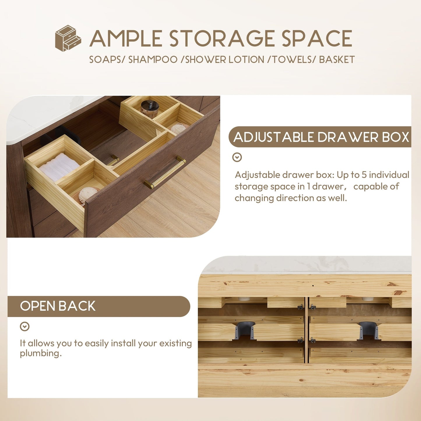 Meuble-lavabo Porto avec plan de toilette en pierre de quartz blanche, sans miroir.