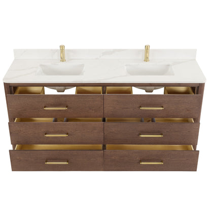 Meuble-lavabo Porto avec plan de toilette en pierre de quartz blanche, sans miroir.