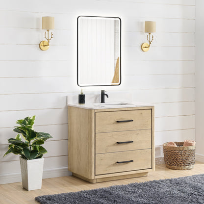 Meuble-lavabo Porto avec plan de toilette en pierre de quartz blanche, sans miroir.