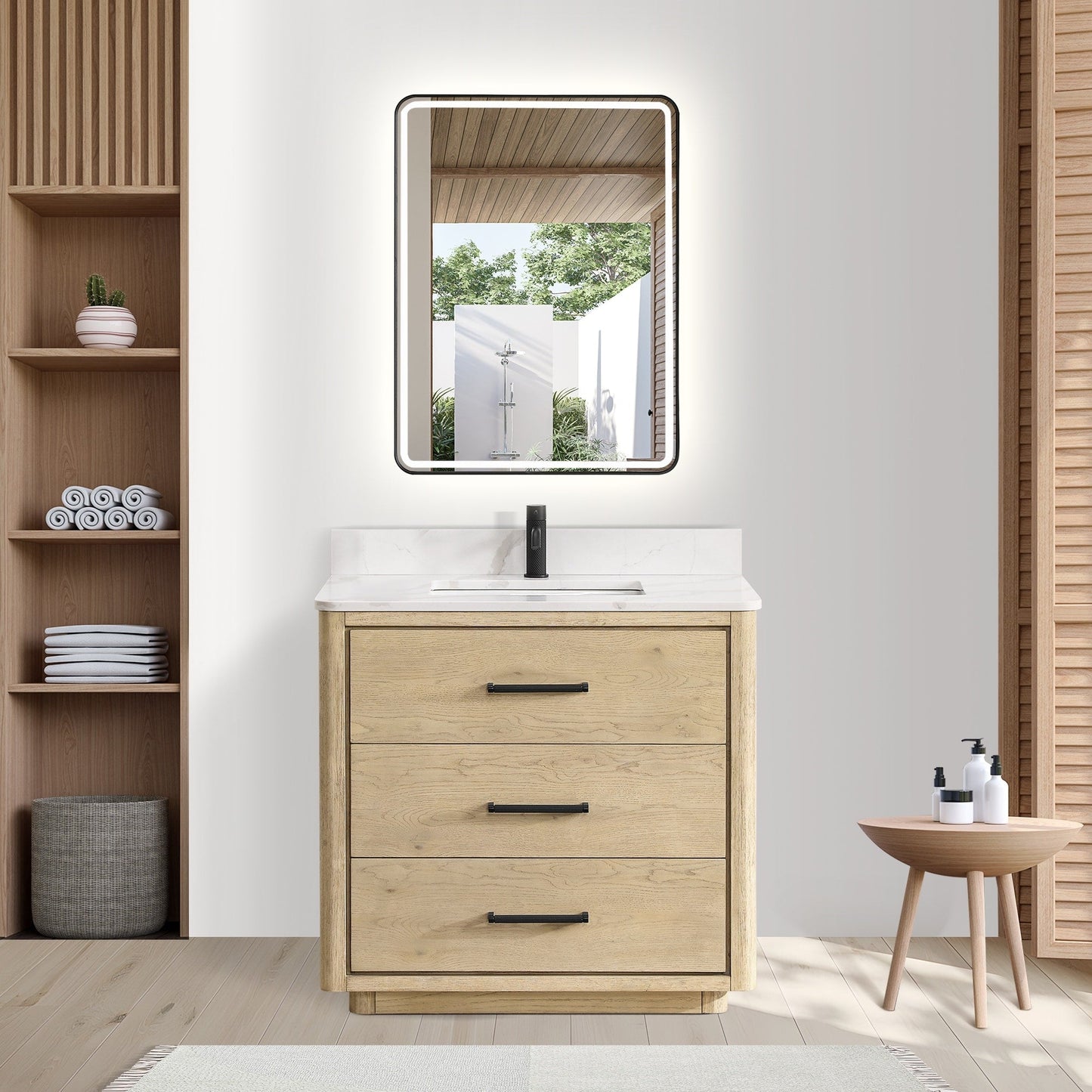 Meuble-lavabo Porto avec plan de toilette en pierre de quartz blanche, sans miroir.