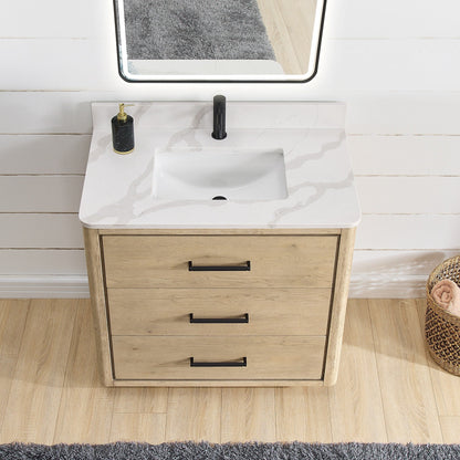 Meuble-lavabo Porto avec plan de toilette en pierre de quartz blanche, sans miroir.