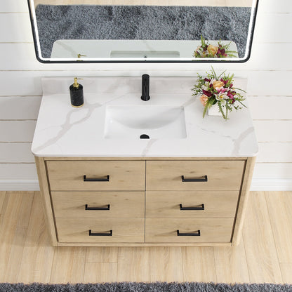 Meuble-lavabo Porto avec plan de toilette en pierre de quartz blanche, sans miroir.