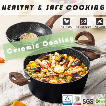 Ensemble de casseroles et poêles antiadhésives, ensemble de cuisine en céramique avec motifs, ensemble de cuisine à induction avec poêles, cocotte avec couvercles