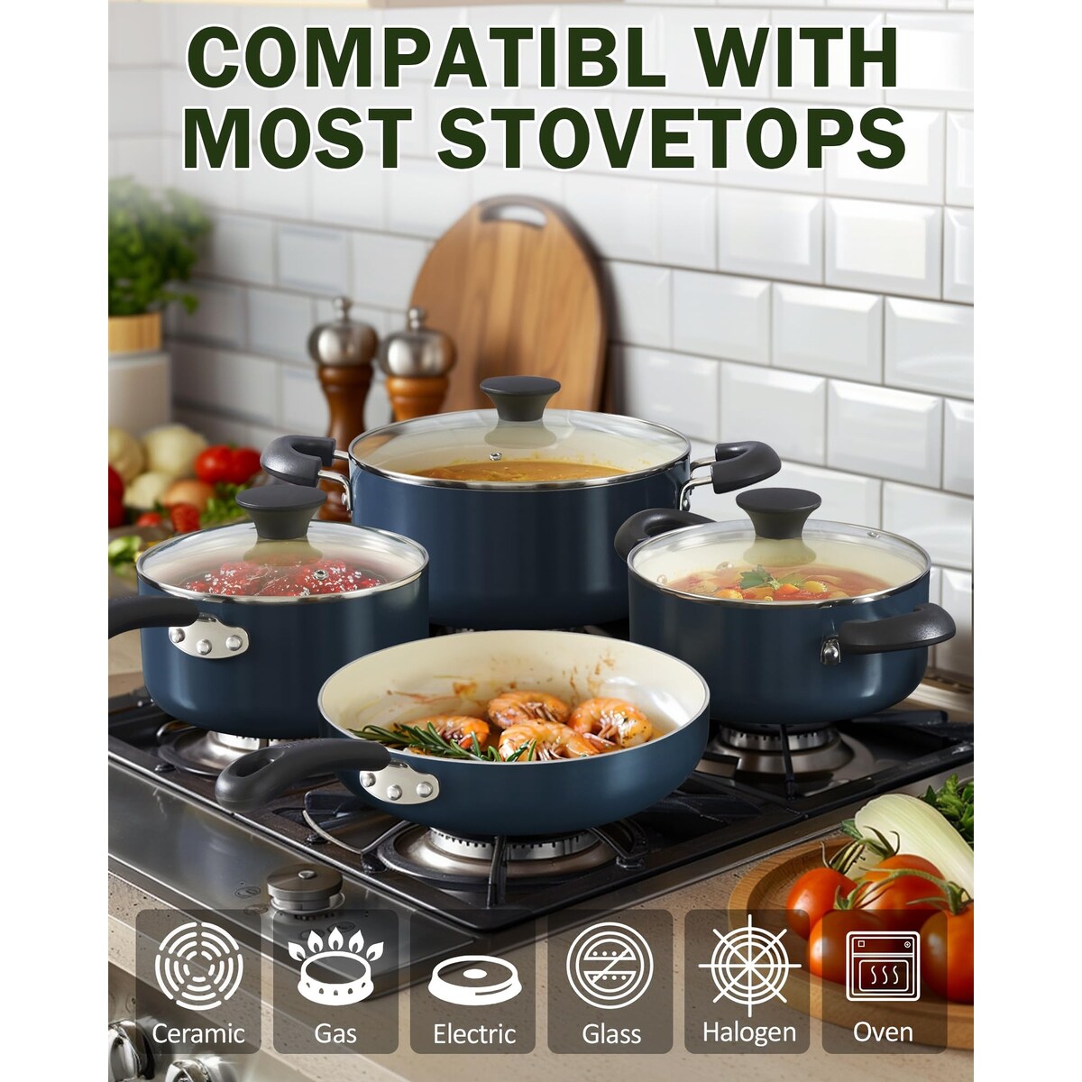 Ensemble de casseroles et poêles antiadhésives, ensemble de cuisine en céramique 10 pièces, ensemble de cuisson antiadhésif avec casseroles.