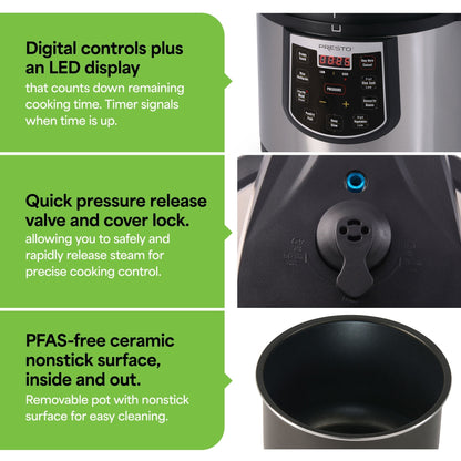 Casserole à pression électrique 6 Qt Presto 02141 Plus mijoteuse programmable, Argent