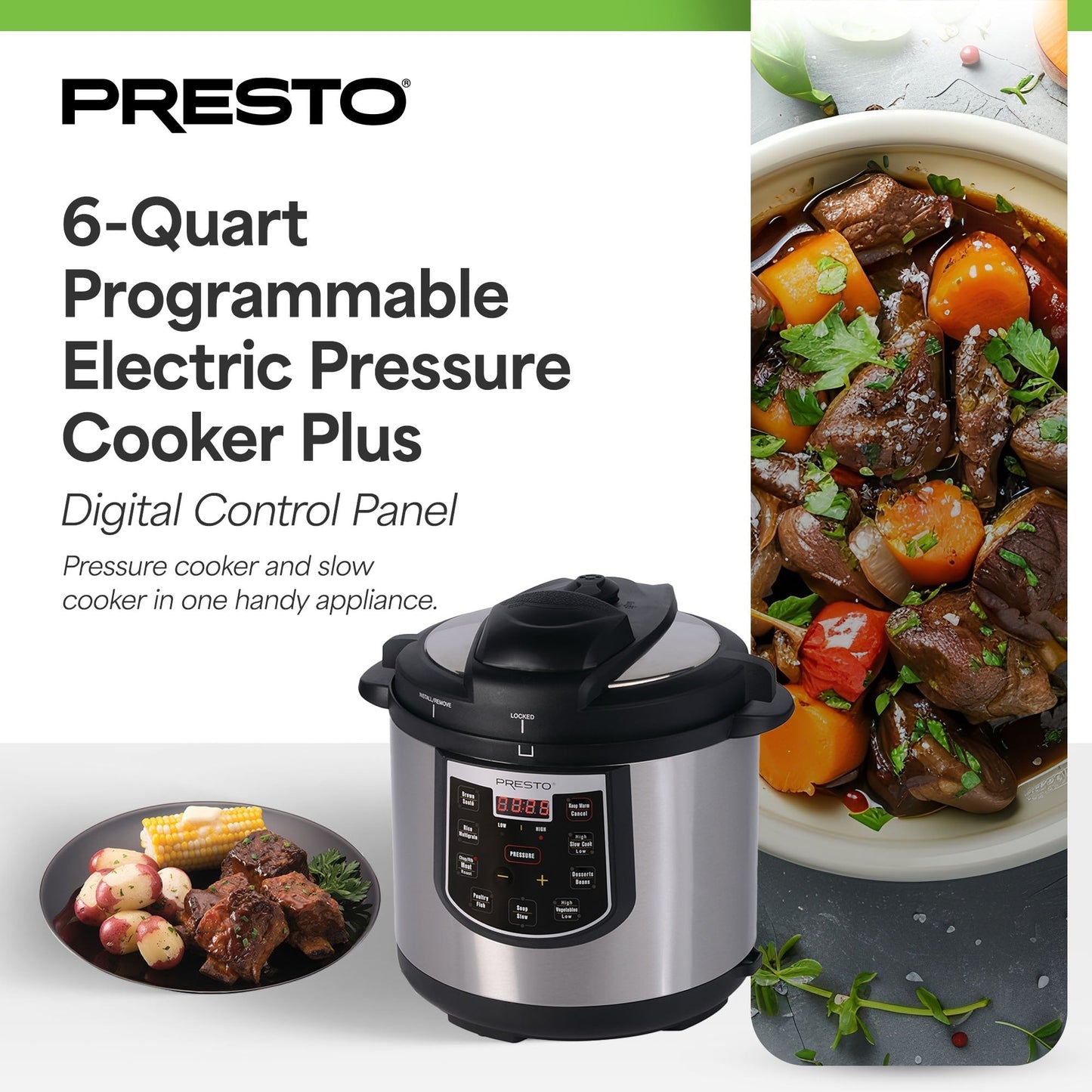 Casserole à pression électrique 6 Qt Presto 02141 Plus mijoteuse programmable, Argent