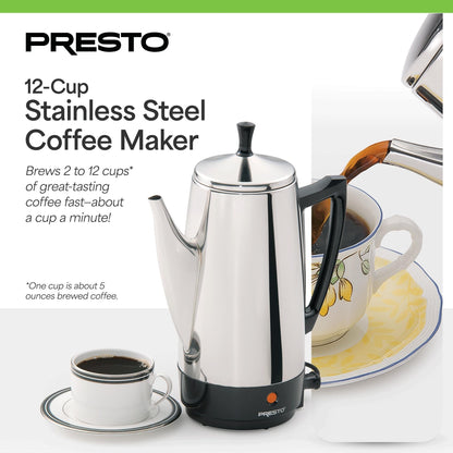 Cafetière Presto en acier inoxydable, percolateur robuste 12 tasses, argent - 2.79