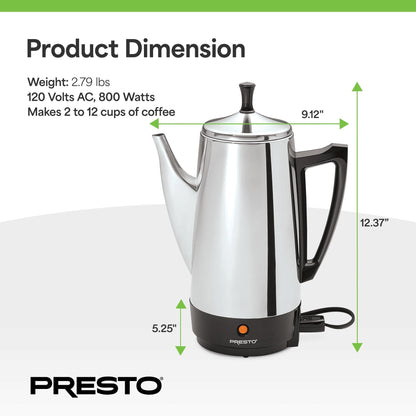 Cafetière Presto en acier inoxydable, percolateur robuste 12 tasses, argent - 2.79