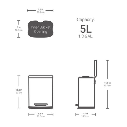 Qualiazero, poubelle à pédale rectangulaire de 13,2 gallons + deux poubelles rectangulaires de 1,3 gallon - Pack familial