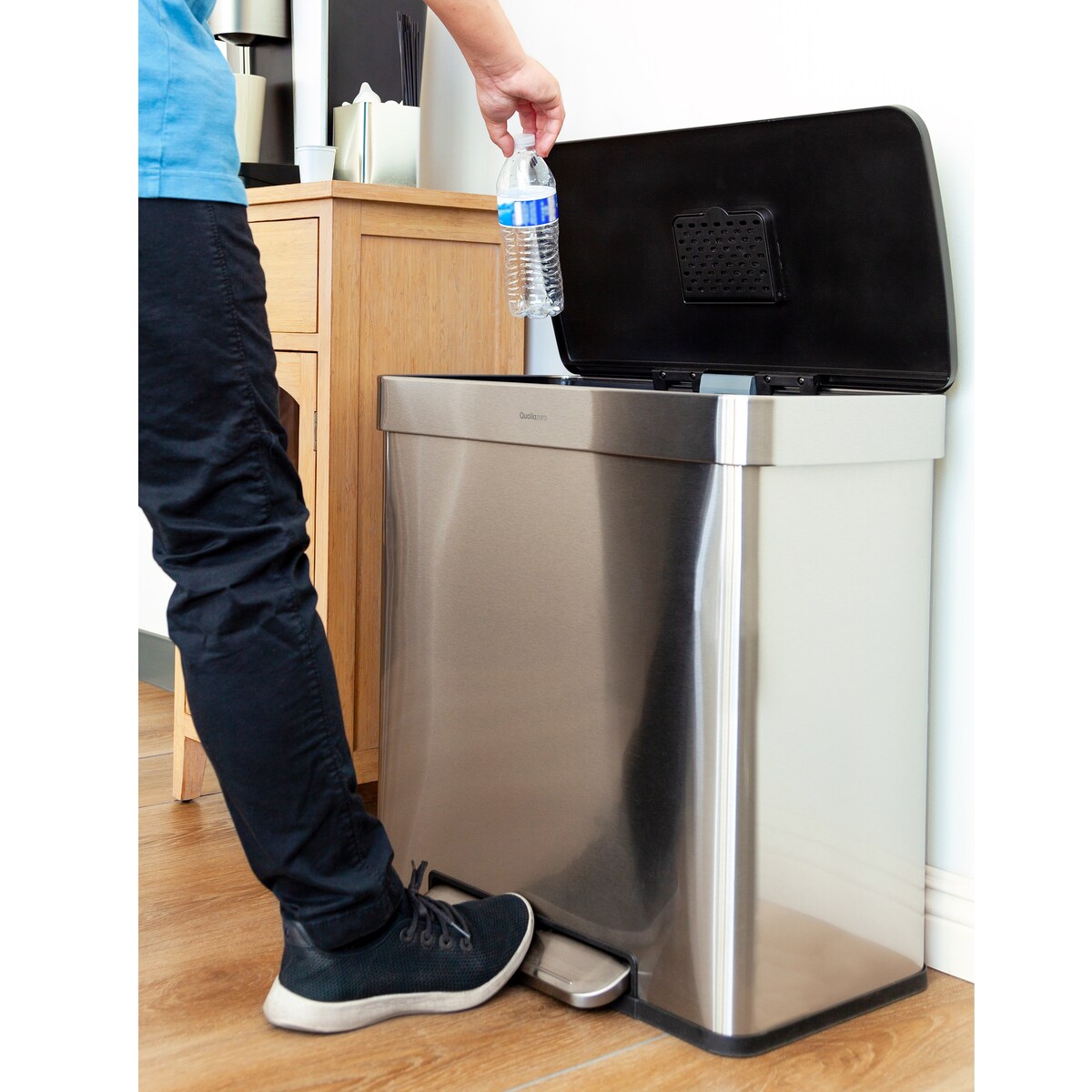 Qualiazero Poubelle de recyclage rectangulaire à ouverture par le pied, 16 gallons (8 gallons pour la partie double) - Acier inoxydable