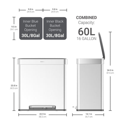 Qualiazero Poubelle de recyclage rectangulaire à ouverture par le pied, 16 gallons (8 gallons pour la partie double) - Acier inoxydable