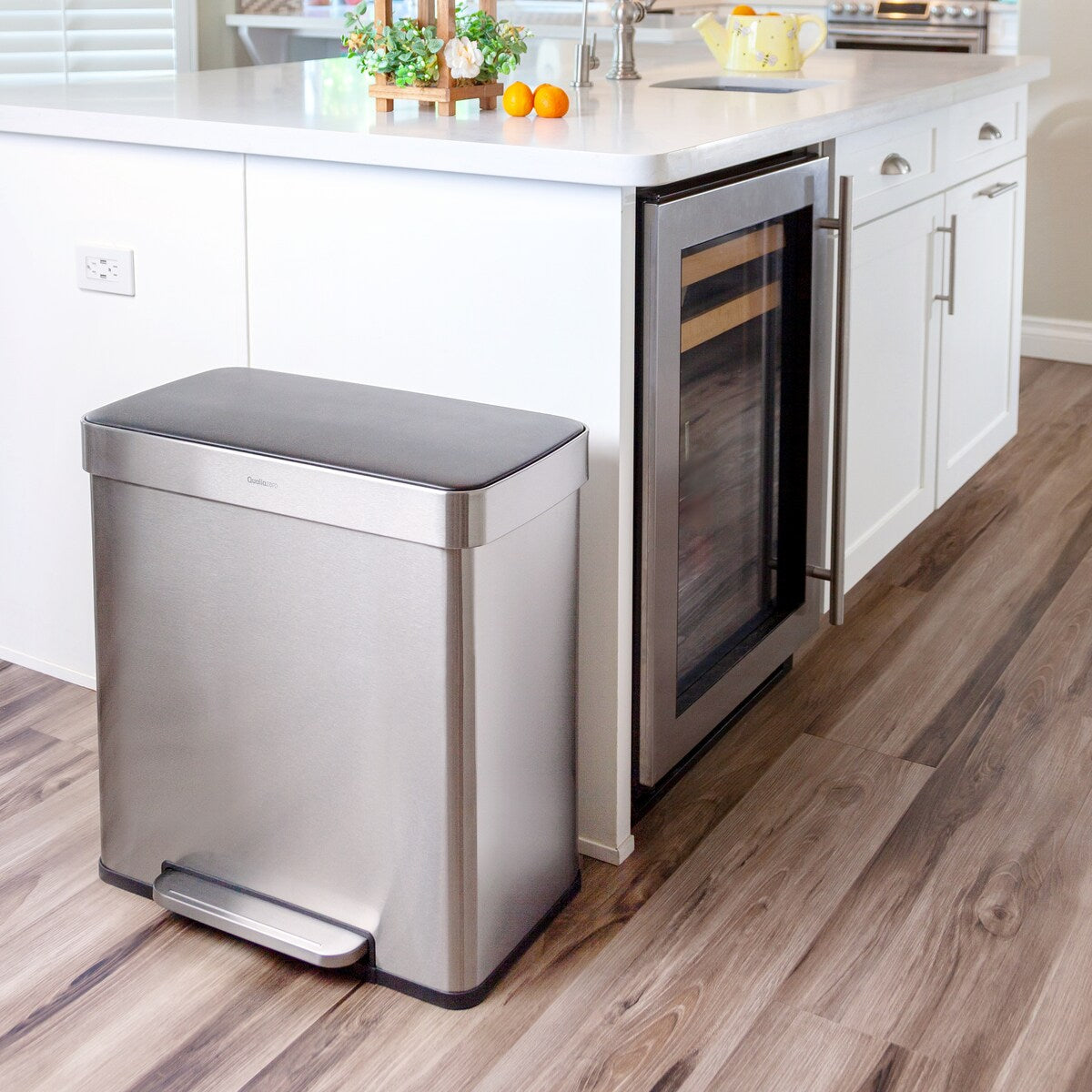 Qualiazero Poubelle de recyclage rectangulaire à ouverture par le pied, 16 gallons (8 gallons pour la partie double) - Acier inoxydable