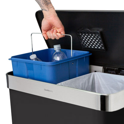 Qualiazero Poubelle de recyclage rectangulaire à ouverture par le pied, 16 gallons (8 gallons pour la partie double) - Acier inoxydable